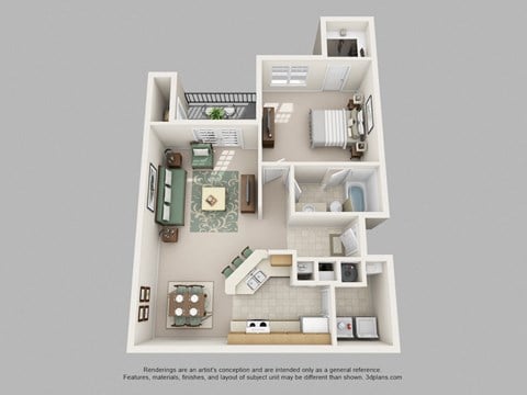 Floor plan for 1 bed, 1 bath, 889 sqft